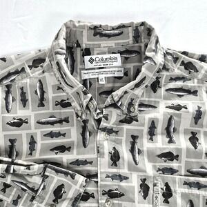 Columbia‎ Mens Fish Print Button Down Shirt XXL Gray Long Sleeve Cotton AM7483
